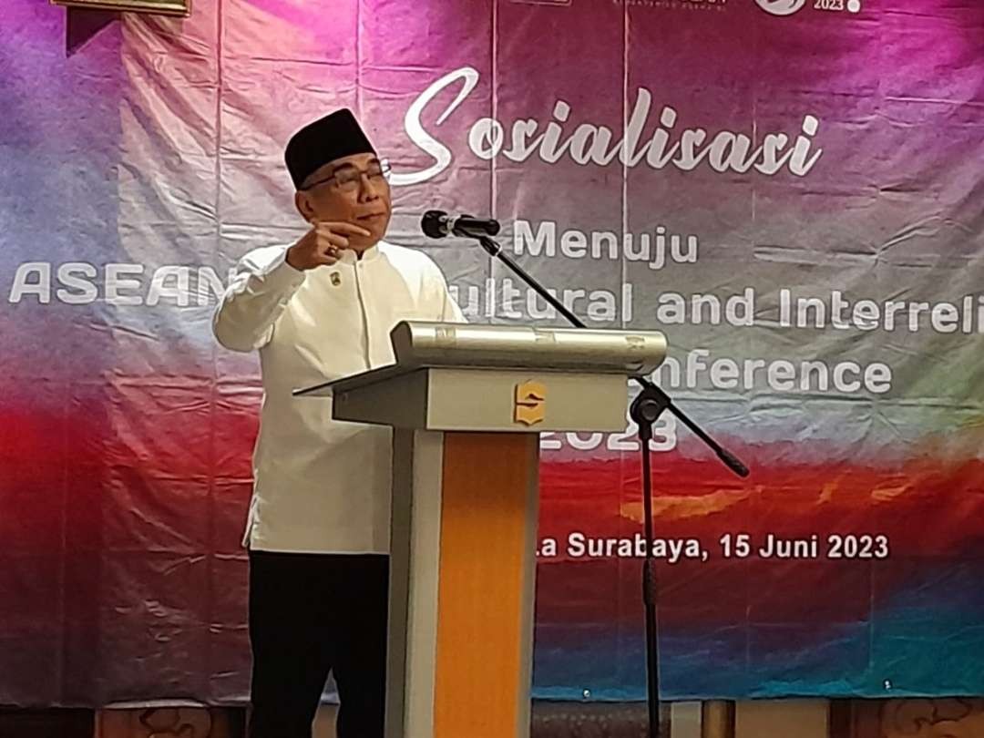 KH Yahya Cholil Status atau Gus Yahya pada acara sosialisasi ASEAN Intercultural and Interreligious Dialogue Conference ASEAN IIDC 2023 di Hotel Shangri-la, Surabaya. (Foto:lthn pbnu)