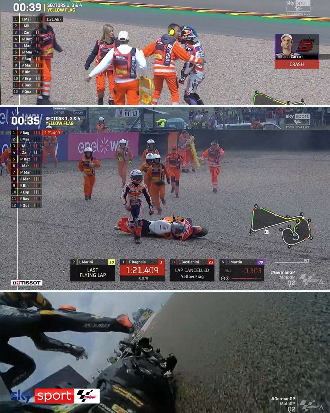 Kecelakaan Zarco vs Marc Marquez di latihan bebas 2 MotoGP Jerman di Sirkuit Sachsenring, Jumat 16 Juni 2023. (Foto: Twitter MotoGP)