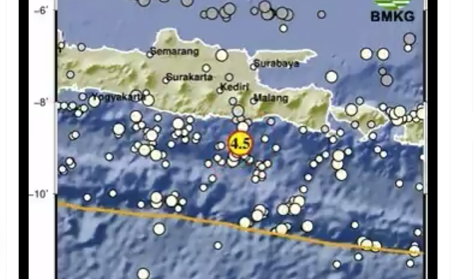 Gempa sebesar 4,5 magnitudo mengguncang wilayah Kabupaten Malang, Senin 26 Juni 2023, hari ini. Gempa berlangsung singkat sekitar pukul 08.16 WIB. (Foto: Twitter @infoBMKG)