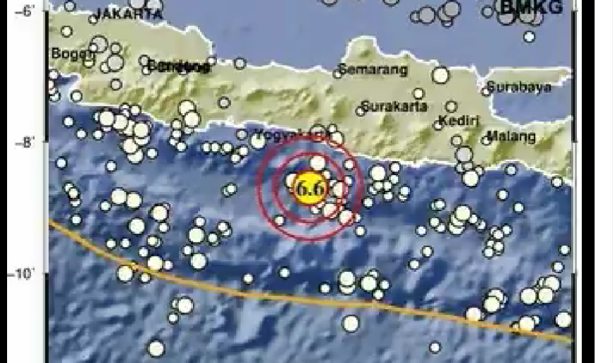 Gempa sebesar 6,6 Magnitudo mengguncang Bantul, Derah Istimewa Yogyakarta, pada Jumat 30 Juni 2023, pukul 19.57 WIB. (Foto:Twitter @BMKG)