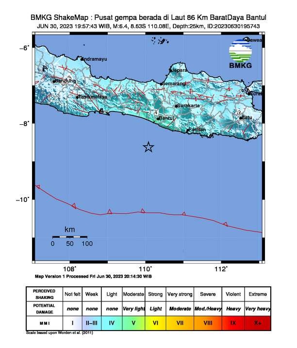 Gempa bum di Kabupaten Bantul Di Yogyakarta, pada Jumat 30 Juni 2023. (dok. bmkg)