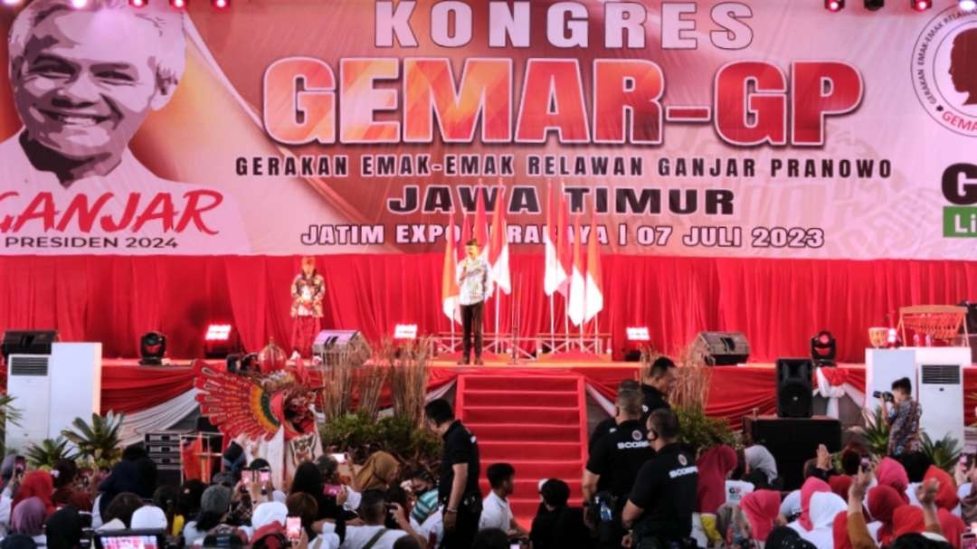 Bacapres Jatim, Ganjar Pranowo saat menghadiri Kongres GEMAR-GP di Jatim Expo, Surabaya, Jumat 7 Juli 2023. (Foto: Fariz Yarbo/Ngopibareng.id)