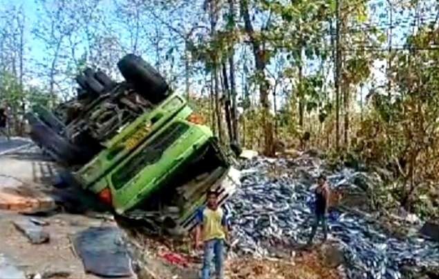 Kondisi truk boks terguling dan 18 ton ikan tongkol berserakan di pinggir Jalur Pantura Situbondo Hutan Baluran.(Foto: Satlantas Pokres Situbondo)