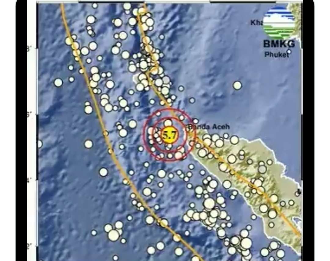 Gempa magnitudo 5,7 guncang Kota Sabang, Aceh, Minggu 9 Juli 2023. (Foto: Twitter)