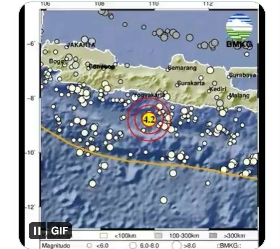 Gempa 4,2 M guncang Kulon Progo, Kamis 13 Juli 2023 dini hari. (Foto: Twitter)