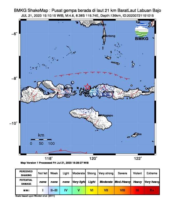 Gempa Bumi terjadi di Labuan Bajo, Kabupaten Ruteng, NTT, Jumat 21 Juli 2023. (Sumber: bmkg)