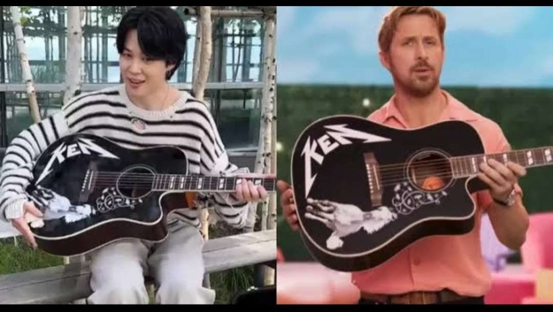 Jimin BTS (kiri) dapat gitar Ken di film Barbie pemberian Ryan Gosling karena tiru gaya berpakaian sang idol K-Pop. (Foto: Instagram @barbiethemovie)