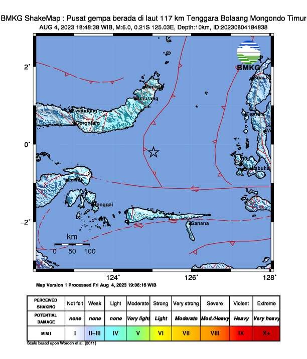 Gempa bumi yang terjadi di di Bolaang Mongondo Timur dengan magnitude 6,  pada pukul 18.48 WIB, Jumat 4 Agustus 2023. (Foto: dok. bmkg).