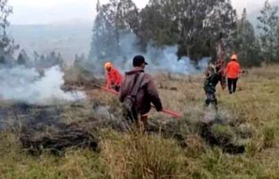 Anggota gabungan pemadaman melakukan patroli pemantauan sisa api membakar hutan Kawah Wurung Ijen Bondowoso, Kamis 10 Agustus 2023.(Foto: Humas Perhutani Bondowoso)