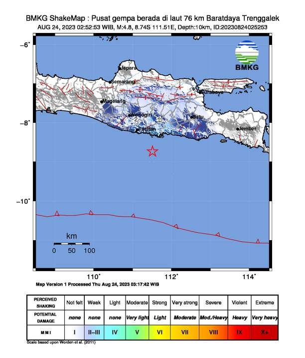 Gempa terjadi di Trenggalek pada Kamis 24 Agustus 2023, dini hari. (dok. bmkg)