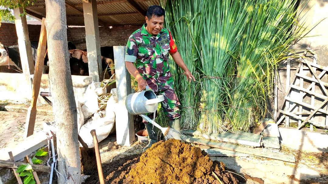 Serma Garsadi, prajurit Kodim 0822 Bondowoso mengolah sendiri kotoran sapi menjadi biogas dan pupuk organik. (Foto: Guido Saphan/Ngopibareng.id)