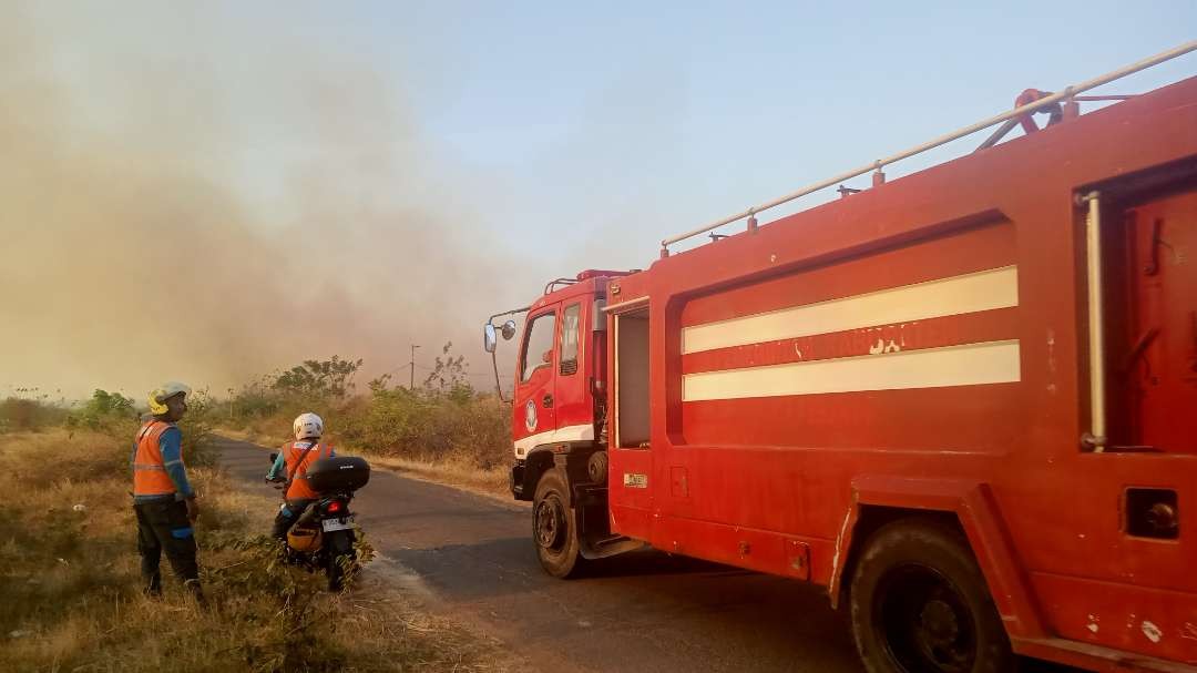 Truk Damkar Tuban datang untuk melakukan upaya pemadaman api yang membakar areal lahan kering milik GRR (Khoirul Huda/Ngopibareng.id)