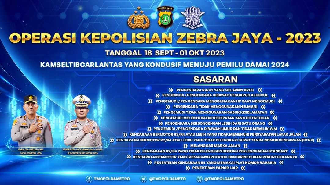 Operasi Kepolisian Zebra Jaya 2023, Kamseltibcarlantas kondusif menuju Pemilu Damai 2024. (Foto: X TMC Polda Metro)