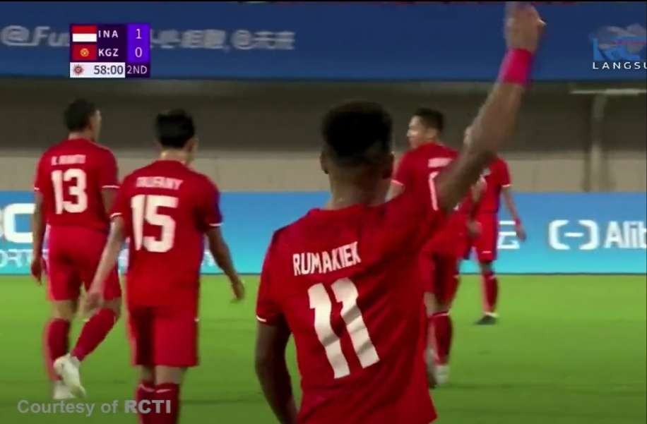 Ramai Rumakiek jebol gawang Kirgistan. Gol pertama Timnas Indonesia U-24. (Foto: Tangkapan layar)