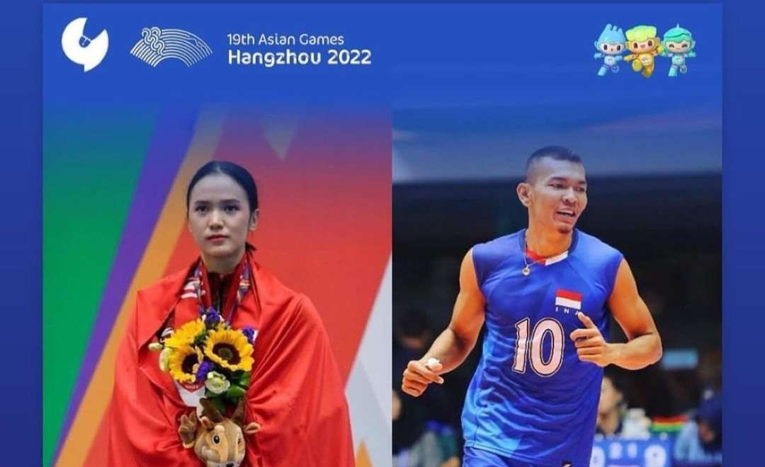 Hernanda Zulfi (kanan) dan Nandhira Mauriskha membawa bendera dan nama kontingen Indonesia di Opening Ceremony Asian Games Hangzhou, Sabtu 23 September 2023. (Foto: Instagram)