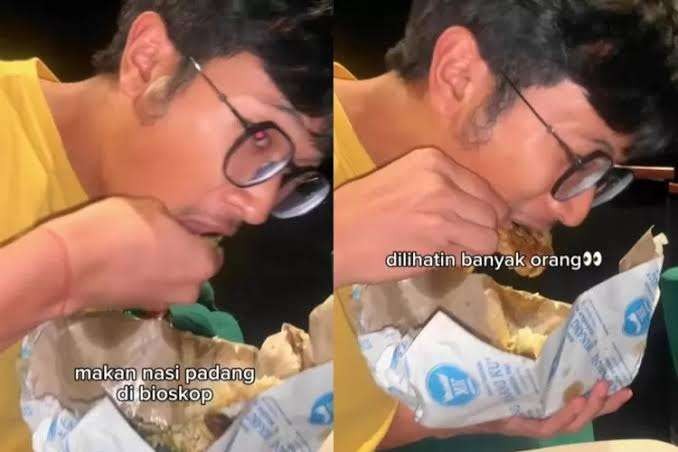 TikToker Alwi Johan makan nasi padang dalam bioskop. (Foto: TikTok @alwijo.bless)