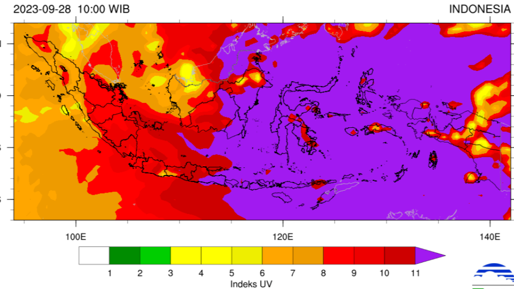 Paparan sinar ultraviolet disebut memasuki bahaya ekstrem pada pukul 10.00 hingga pukul 13.00 WIB, di Jawa Timur, Rabu hari ini. (Foto: Tangkapan layar BMKG)