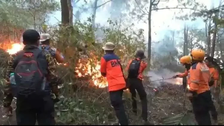 Upaya melakukan pemadaman kebakaran di Gunung Lawu oleh tim gabungan dikoordinir BNPB, Minggu 1 Oktober 2023. (Foto: Tangkapan layar metro.tv)