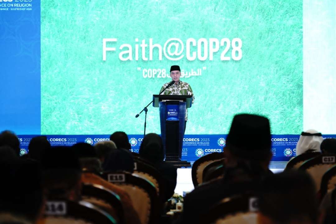 Menag dalam sambutannya pada Conference on Religion and Climate Change - South East Asia (CORECS) 2023 yang berlangsung di Jakarta. (Foto: Dok Kemenag)