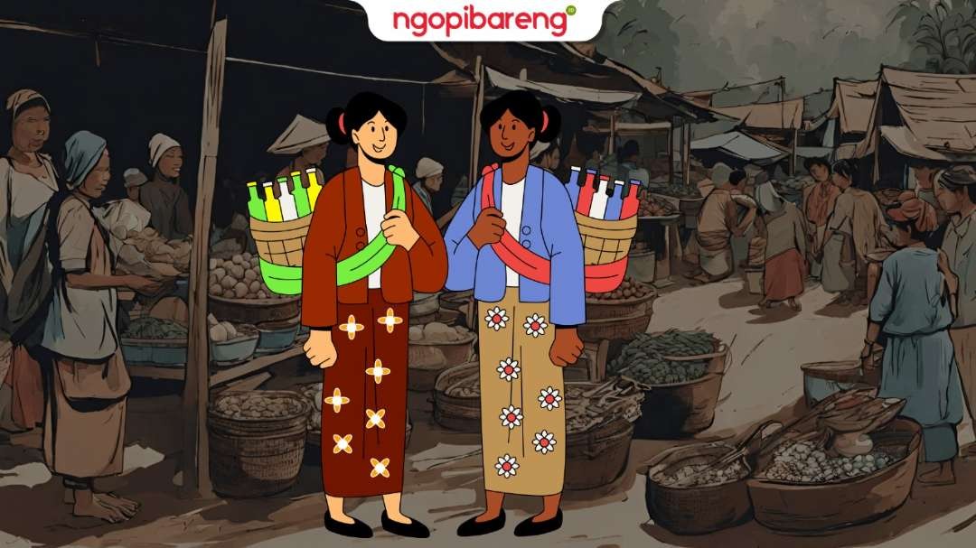 Ilustrasi pedagang jamu gendong semakin langka, kalah saingan dengan obat pabrikan. (Ilustrasi: Chandra Tri Antomo/Ngopibareng.id)