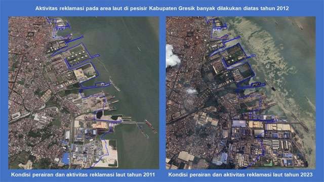 KKP Blunder. Gambar kiri, kondisi perairan dan aktivitas  di pesisir Gresik tahun 2011, gambar kanan kondisi di tempat yang sama tahun 2023. (Foto: Oki/Lukito)
