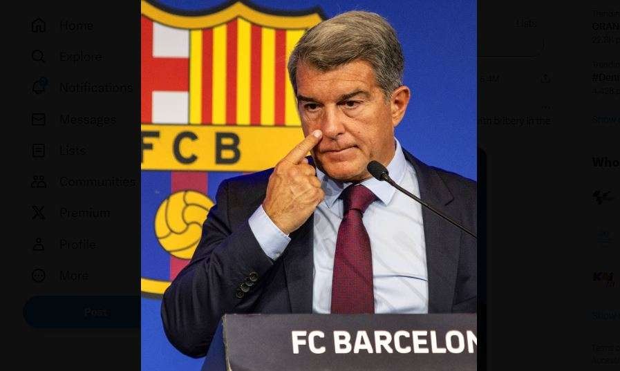 Presiden Barcelona Joan Laporta berstatus tersangka suap wasit dan korupsi. (Foto: X Barcelona)