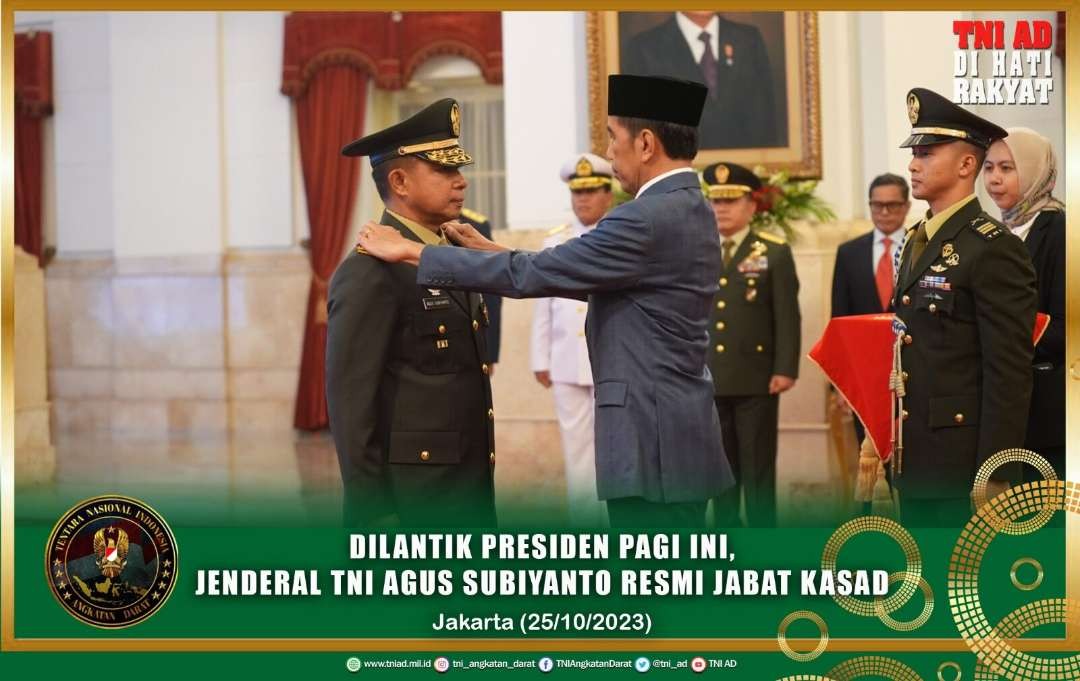 Jenderal TNI Agus Subiyanto, resmi menjabat sebagai Kepala Staf Angkatan Darat (Kasad), usai dilantik langsung oleh Presiden Republik Indonesia Ir. Joko Widodo, di Istana Negara, Jakarta, Rabu 25 Oktober 2023.(Foto: dok. tni.ad)