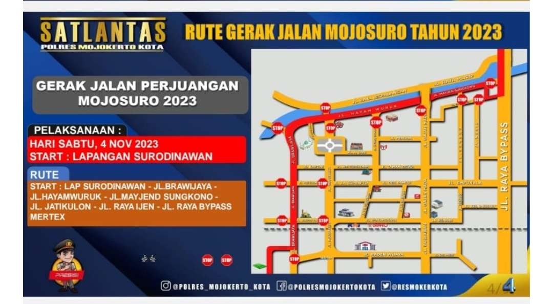 Rekayasa lalu lintas untuk Gerak Jalan Mojosuro, Sabtu-Minggu, 4-5 November 2023. (Foto: Satlantas Polres Mojokerto Kota)