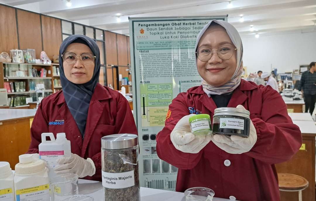 Apoteker (apt) Kartini, Ph.D., apt. Endang Wahyu Fitriani, M.Farm tim peneliti saat menunjukan gel obat luka diabetes dari Daun Sendok. (Foto: Pita Sari/Ngopibareng.id)