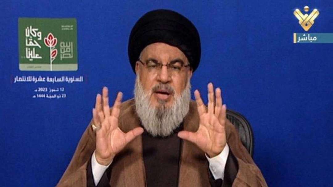 Pemimpin Syiah Lebanon Hizbullah Hassan Nasrallah, menyampaikan pidato di televisi untuk menandai peringatan perang tahun 2006 dengan Israel. Pidato pempimpun Hizbullah disampaikan pada 12 Juli 2023(Foto:al manar)