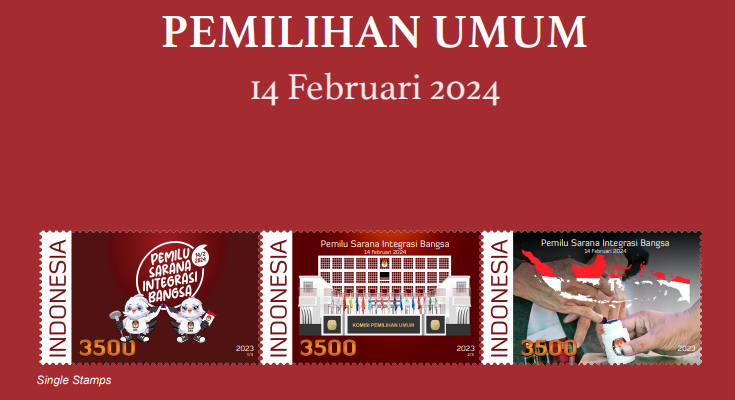 Tiga perangko yang dikeluarkan KPU bekerjasama dengan PT Pos Indonesia dalam menyambut Pemilu 2024 mendatang.(Foto: dok. kpu)