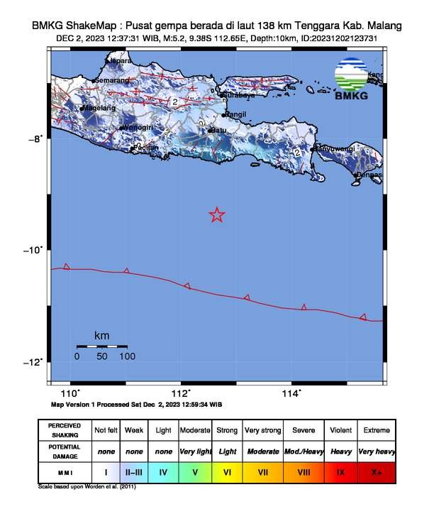Gempa bumi di Kabupaten Malang pada Sabtu 2 Desember 2023. (sumber: bmkg)