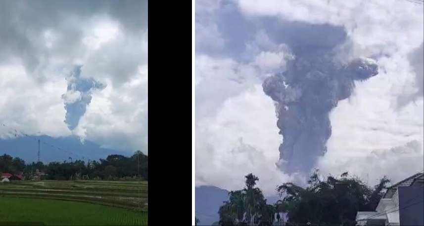 Erupsi Gunung Marapi di wilayah administrasi Kabupaten Agam dan Tanah Datar, Sumatera Barat, Minggu 3 Desember 2023 pukul 14.54 WIB. (Foto: X BNPB)