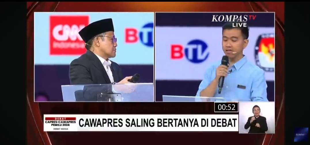Cawapres Gibran Rakabuming saat menanyakan soal SGIE ke lawan politiknya, Muhaimin Iskandar, Jumat 22 Desember 2023. (Foto: Tangkapan layar YouTube Kompas TV)