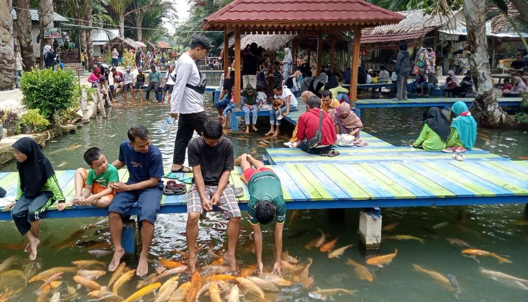 Pengunjung wisata pelang Tuban sedang memberikan makan dan terapi ikan (Foto: Khoirul Huda/Ngopibareng.id)