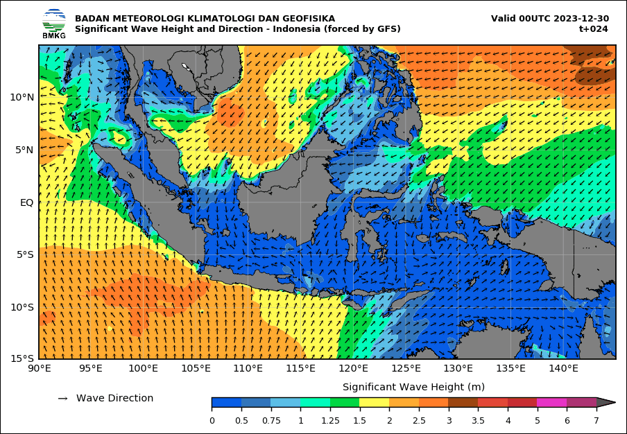 Sebaran gelombang dari sedang hingga tinggi di periran Indonesia di akhir tahun 2023. (Foto: dok bmkg)