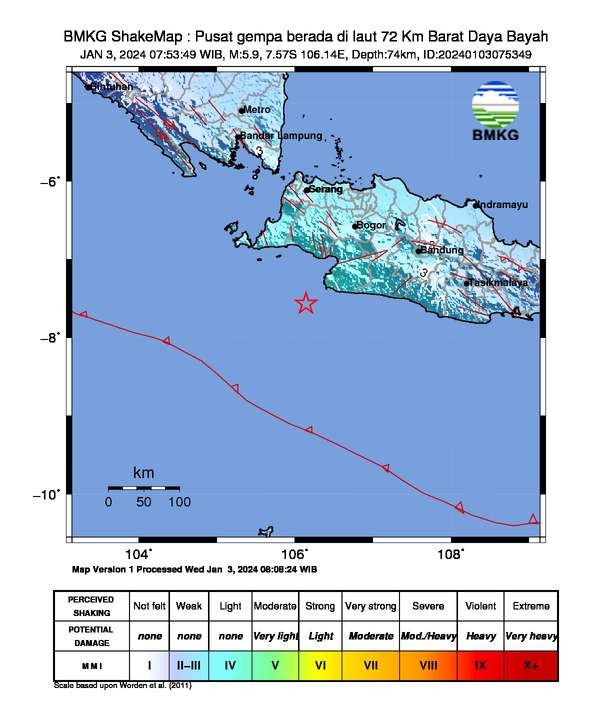 Gempa bumi magnitudo 5,9 di Bayah Banten pada Rabu 3 Januari 2024. (Foto: dok bmkg)