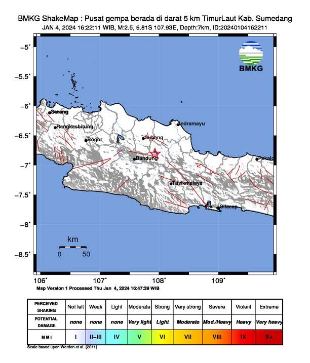 Gempa bumui yang terjadi di Kabupaten Sumedang pada Kamis 4 Januari 2024. (Foto: dok. bmkg)