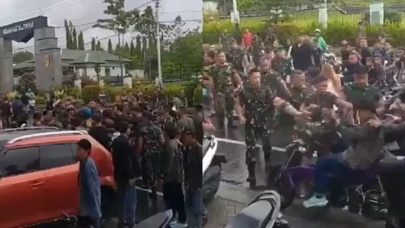 Bentrokan antara oknum TNI dengan rombongan pengantar jenazah terjadi di depan Markas Komando Daerah Militer (Kodam) XIII Merdeka, Kota Manado. (Foto: Tangkapan Video Youtube)
