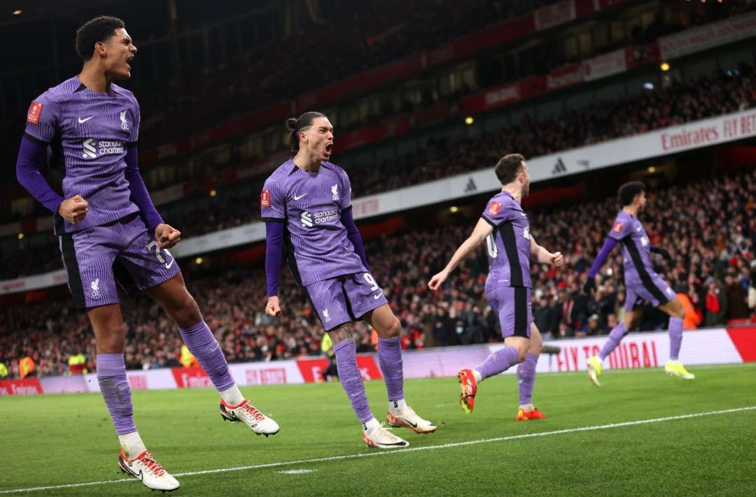 Liverpool sukses menyingkirkan Arsenal pada pertandingan putaran ketiga Piala FA 2023/2024 dengan skor 2-0 di Emirates Stadium. (Foto: Reuters)