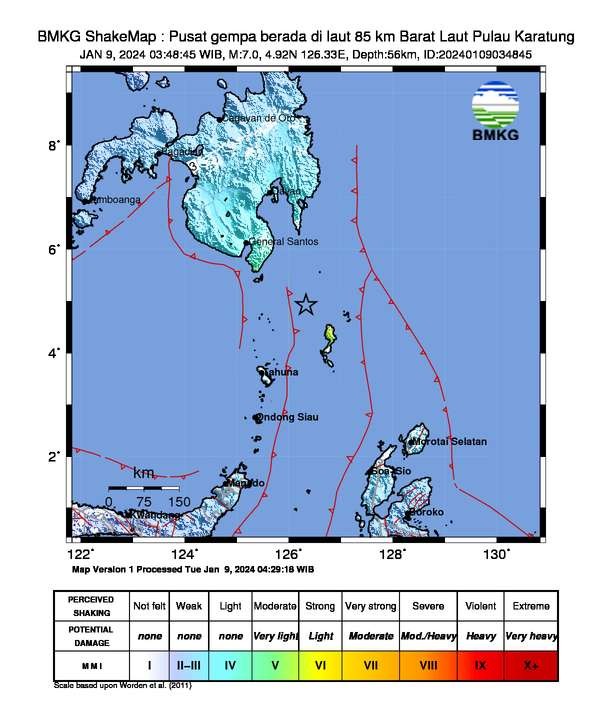 Gempa bumi di Karatung, Kepulauan Talaud, Sulawesi Utara, pada Selasa 9 Januari 2024. (Foto: dok. bmkg)