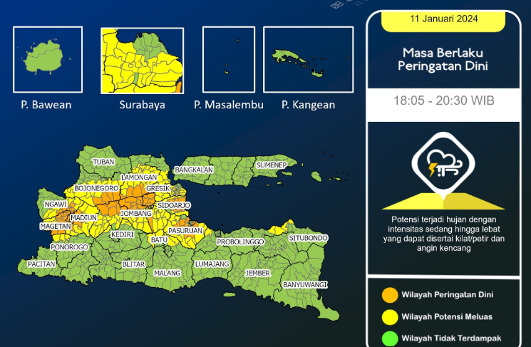 Potensi cuaca ekstrem malam ini di Jawa Timur, termasuk di Sidoarjo. (Foto: Twitter)