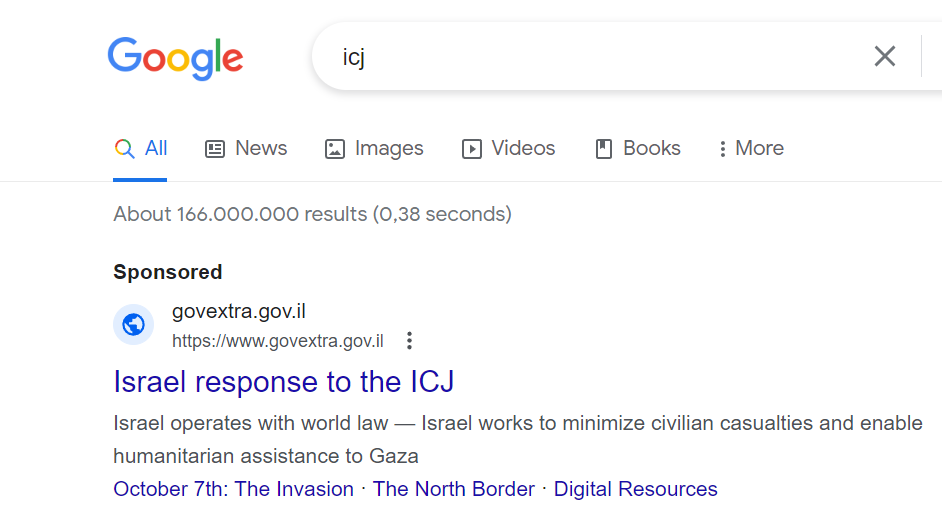 Iklan Israel yang muncul ketika mengetik kata ICJ di kolom pencarian Google, dilihat pada Sabtu 13 Januari 2024. (Foto: Google)