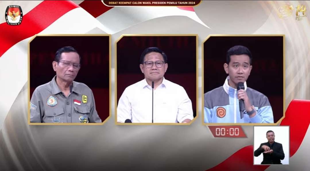 Debat cawapres (kiri ke kanan) Mahfud MD, Muhaimin Iskandar alias Cak Imin, dan Gibran Rakabuming Raka. (Foto: Tangkapan layar YouTube KPU RI)
