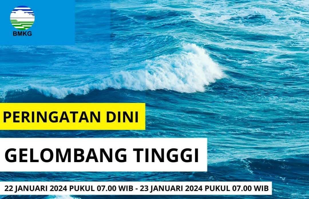 Bmkg menyampaikan informasi peringatan dini gelombang tinggi di perairan Indonesia, Senin hingga Selasa 22-23 Januari 2024 pukul 07.00 WIB. (Foto: Instagram @infobmkg)