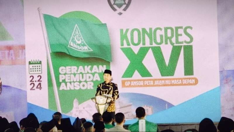 Presiden Joko Widodo saat membuka secara resmi Kongres XVI Gerakan Pemuda Ansor secara resmi dibuka di Pelabuhan Tanjung Priok, Jakarta, Jumat (2 Februari 2024) pagi. (Foto: ltn-pbnu)