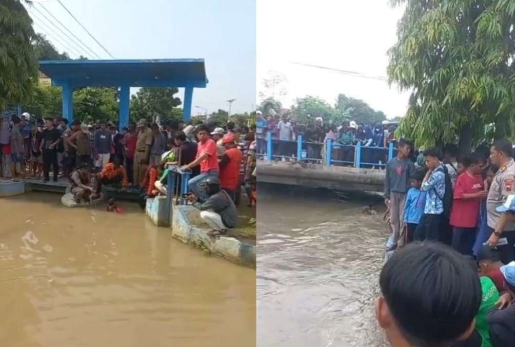 Warga ramai menonton Tim SAR gabungan 'mengobok-obok' sungai mencari anak dikabarkan tenggelam, Kamis 22 Februari 2024. (Foto: Istimewa)