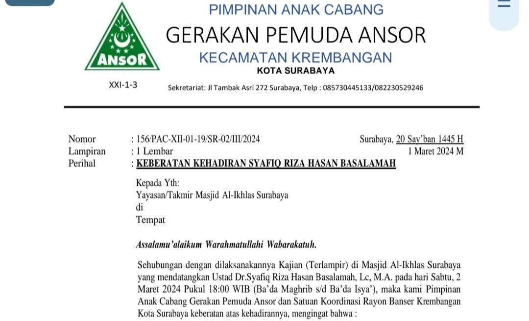 Kutipan surat penolakan GP Ansor Cabang Krembangan tentang kehadiran Ustaz Basalamah. (Foto: Tangkapan layar surat GP Ansor)