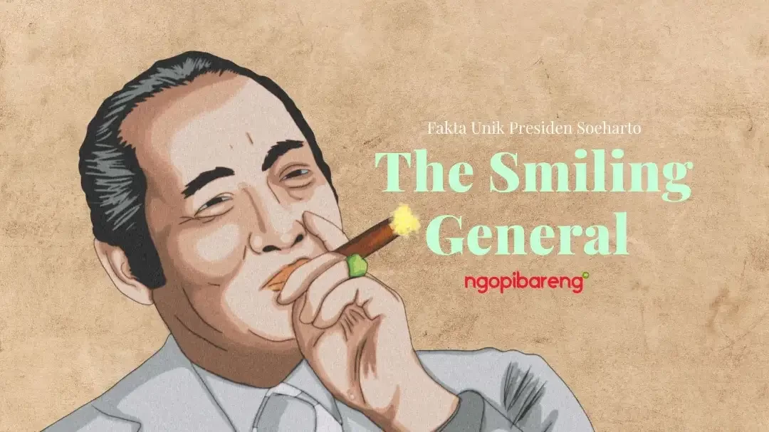 Ilustrasi Presiden RI kedua, Jenderal Soeharto. (Ilustrasi: Ngopibareng.id)