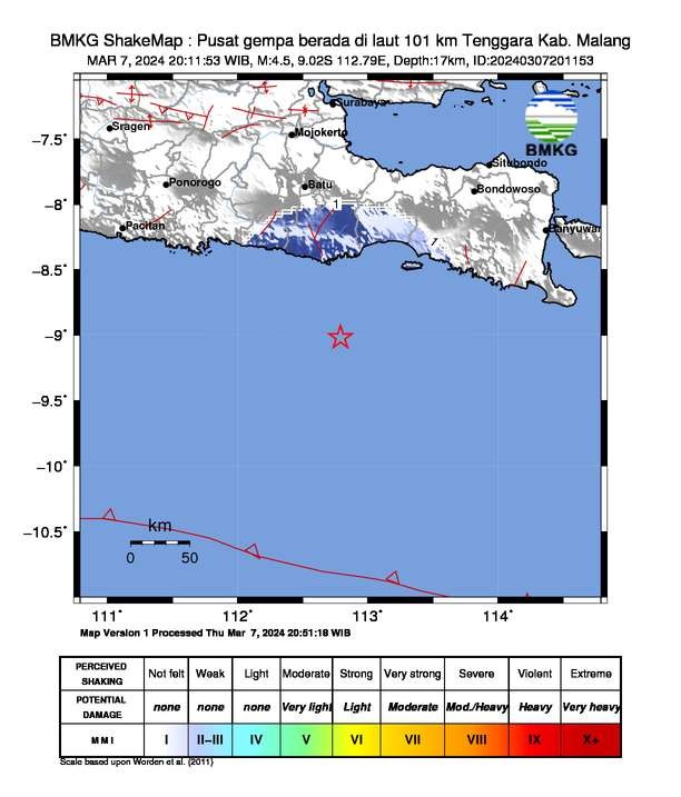 Gempa bumi terjadi di laut Tenggara  Kabupaten Malang. (Foto: dok. bmkg)